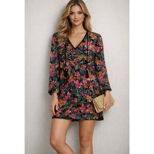 Diane Freis Dress Green Floral Botanical Gold Chain Beaded Open Sleeves